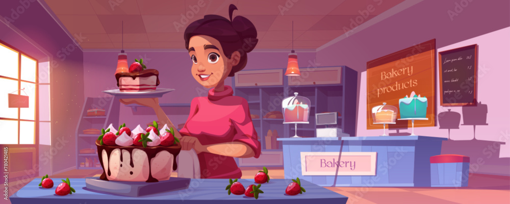 Bakery shop interior with bread, pies and cakes on showcase and racks with shelves. Woman baker or shopkeeper cuts piece of pastry for order. Cartoon vector sweet dessert confectionary store inside. - obrazy, fototapety, plakaty 
