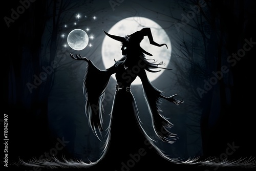 halloween witch silhouette standing in the front of moon, witch with full moon night 