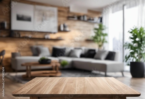 AI generated illustration of a rustic wooden table in front of a blurred background of a living room photo