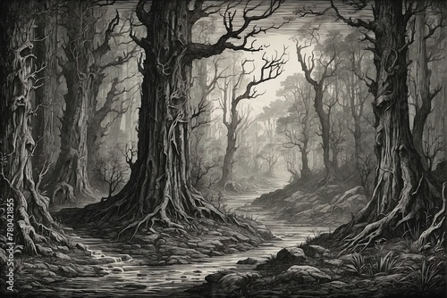 Fantasy book style drawing of wicked, scary, dark forest