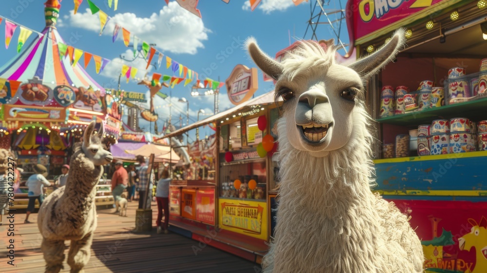 Obraz premium At a bustling fairground, a pair of llamas tries their luck at carnival games. Fairy tale illustration. 