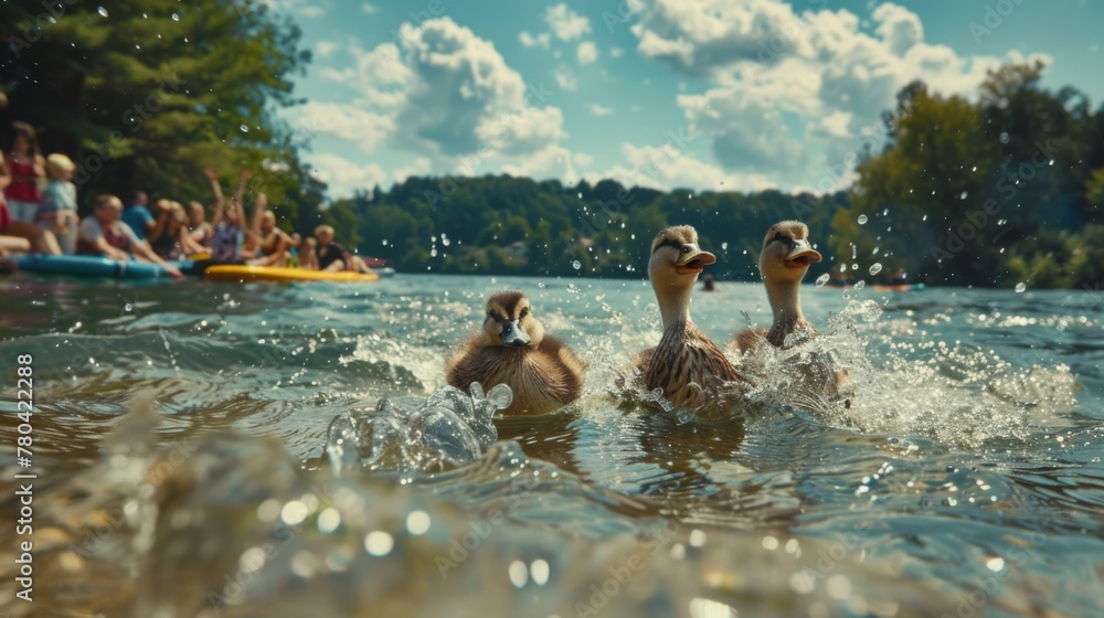 At a picturesque lake, a family of ducks decides to try paddleboarding but ends up flipping over. Fairy tale illustration.  - obrazy, fototapety, plakaty 