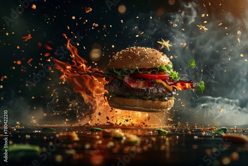 A dynamic image of a burger with flames and flying ingredients, suggesting intense flavor. Explosive Dynamic Burger Meal Concept
