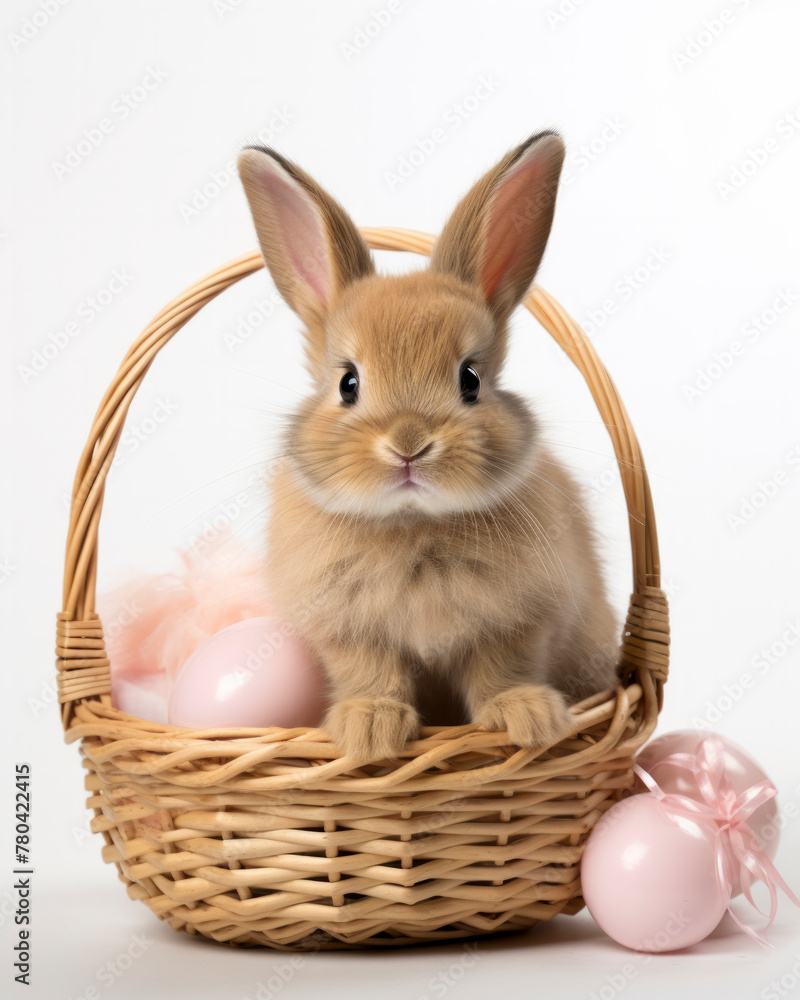 AI generated illustration of a bunny sits in a basket with Easter eggs AI generated illustration of a bunny sits in a basket with Easter eggs