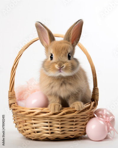 AI generated illustration of a bunny sits in a basket with Easter eggs