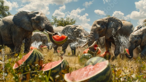 In a sun-drenched savanna, a herd of elephants attempts to cool off by having a watermelon-eating contest. Fairy tale illustration. © Dannchez