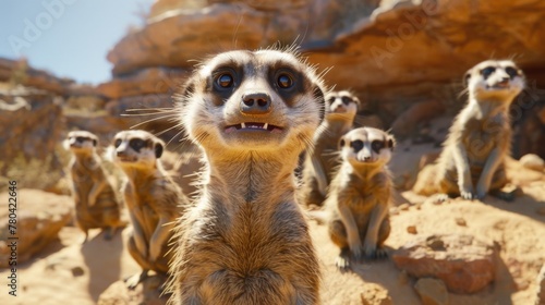 On a sun-soaked desert, a troupe of meerkats attempts to put on a Shakespearean play. Fairy tale illustration. 