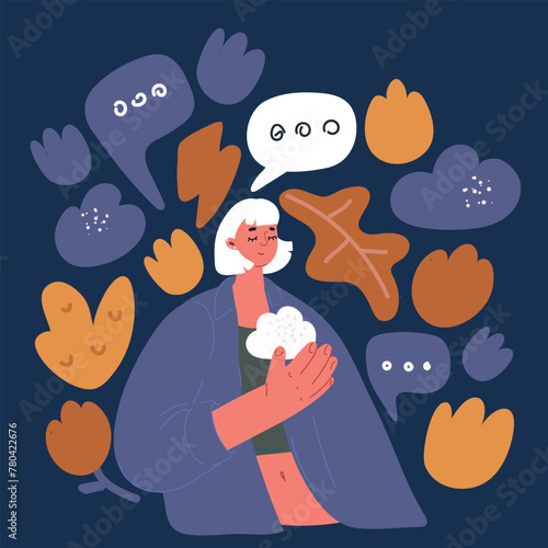 Cartoon vector illustration of woman hold hands on heart chest feel grateful and thankful. Happy cloud inside you. Soul concept over dark background