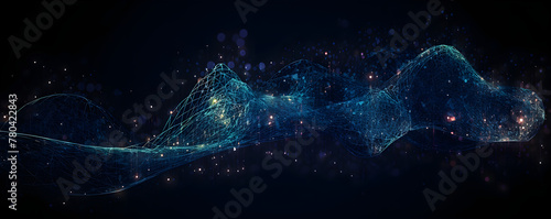 Hypnotic graphic interpretation of cyberspace, big data, and the metaverse, featuring a flow of interconnected points and lines in various shades of blue on a deep blue background.