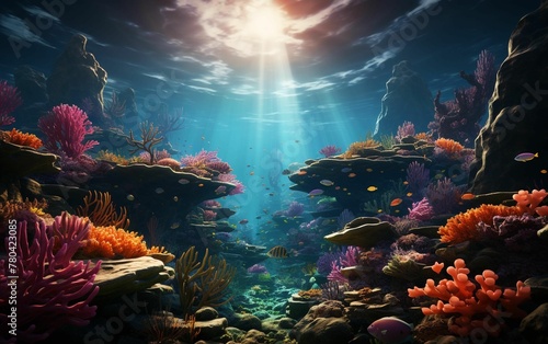 AI generated illustration of a vibrant underwater scene featuring colorful coral and rocks