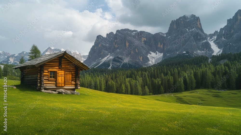 old wooden hut cabin in mountain alps at rural fall landscape