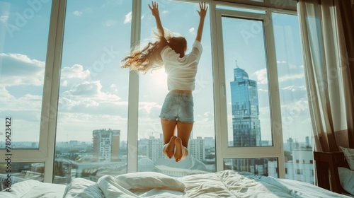 Happy woman in the bedroom with big windows and beautiful