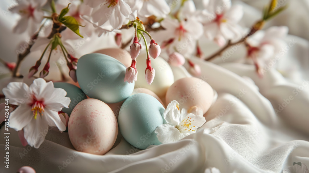 AI generated illustration of Easter eggs resting on white cloth by blooms AI generated illustration of Easter eggs resting on white cloth by blooms