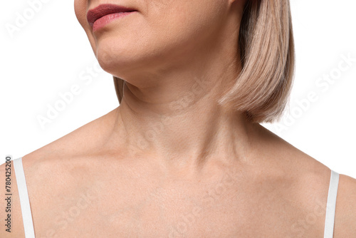 Woman with healthy skin on white background, closeup