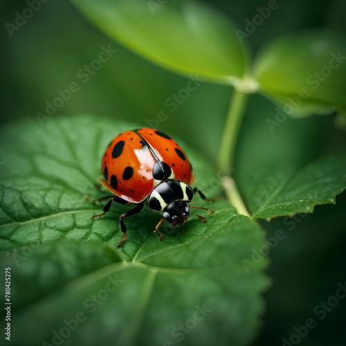 AI generated illustration of A vibrant red ladybug perched atop a green leaf © Wirestock