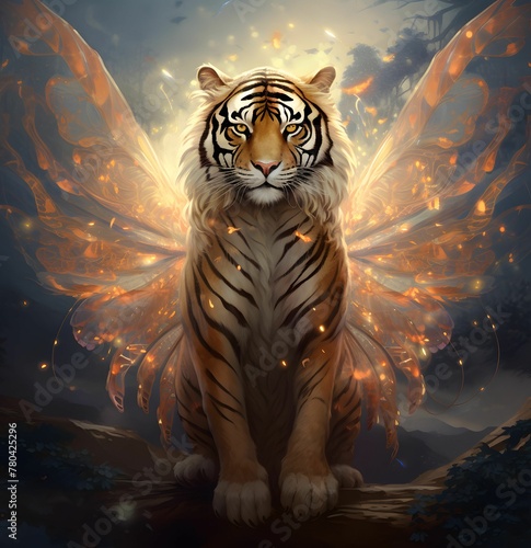 AI generated illustration of a Bengal tiger with glowing wings