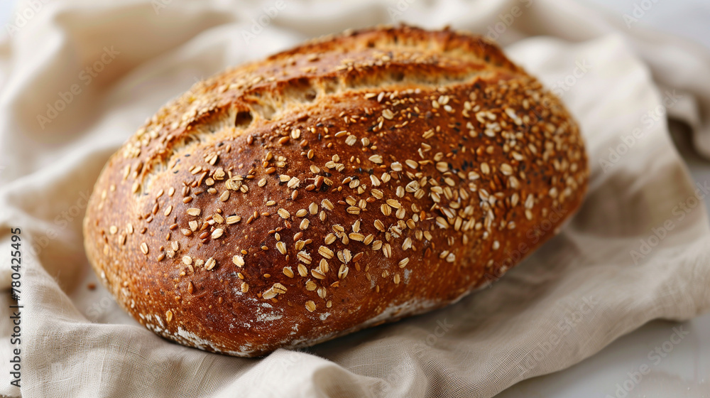 Freshly baked whole grain bread on a linen cloth, capturing the essence of artisan baking with a focus on the golden brown crust and visible grains, set against the soft, natural texture of the linen