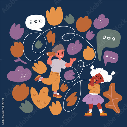 Cartoon vector illustration of A little girl and boy playing with a handmade toy phone with a paper cup and thread. Children look into holes in torn yellow paper wall. Communication technology, inform