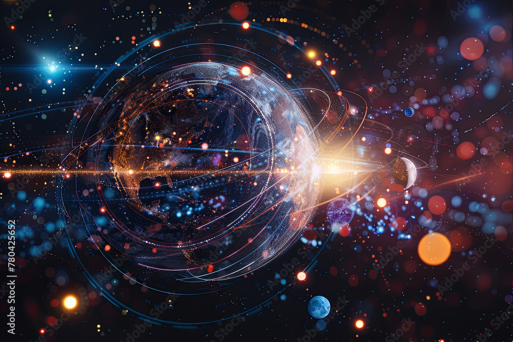 Fototapeta premium A cosmic event where planets align in the shape of the digital planet