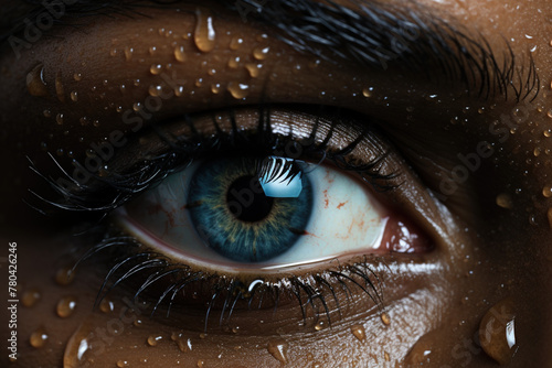 Beautiful close-up macro eye of African American woman with dops on face photo
