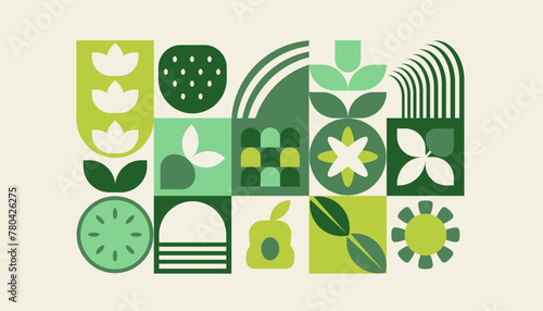 Bauhaus plants, natural geometric pattern in tiles, decorative abstract art with flowers, leaves, fruits, vegetables, banner, wallpaper