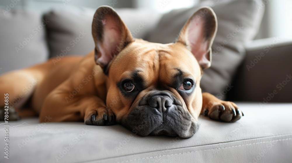 Relaxed French Bulldog Lounging on Sofa