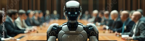 Concept AI technologies. A humanoid robot sits at the head of the table at a business meeting. Banner.