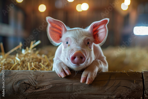 small white pig with pink ears on a fence looking out from straw