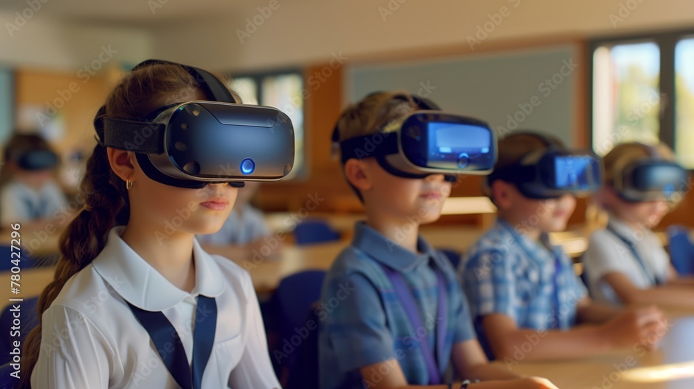 Children in VR glasses sit at tables in the classroom. Children in VR glasses sit at tables in the classroom.