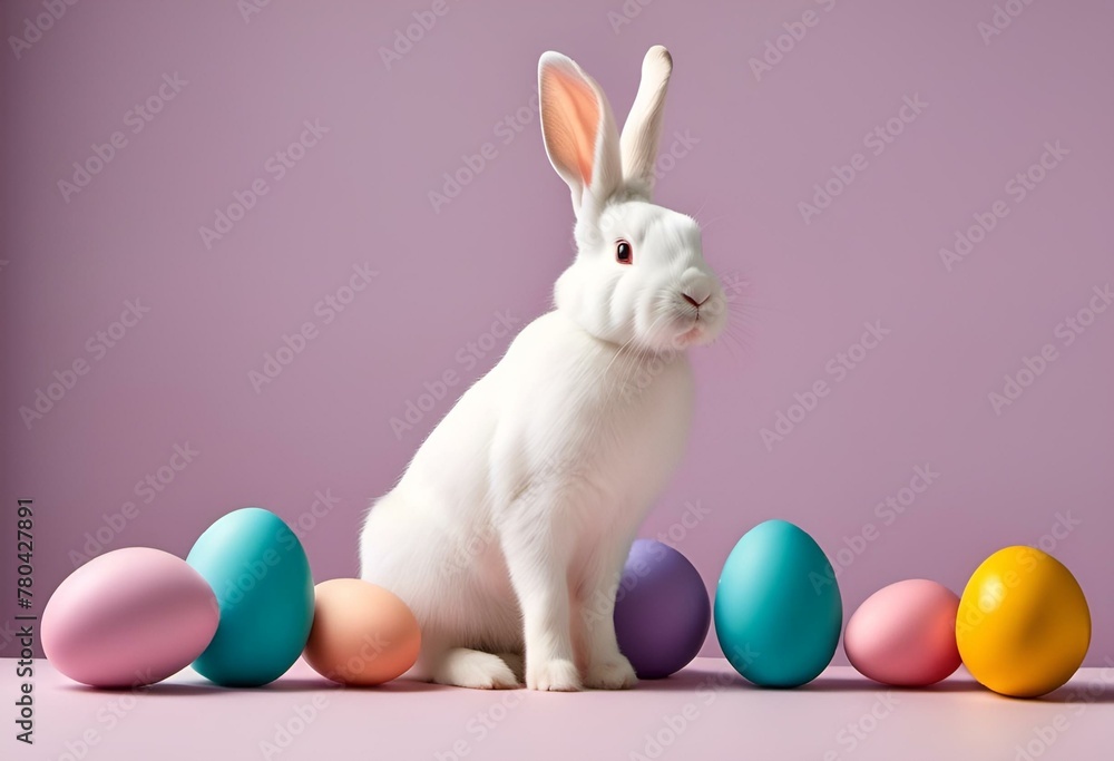 AI generated illustration of a bunny sitting against a pink background with colorful Easter eggs AI generated illustration of a bunny sitting against a pink background with colorful Easter eggs