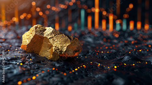 Pure gold ore found in mine on black background with gold price chart 