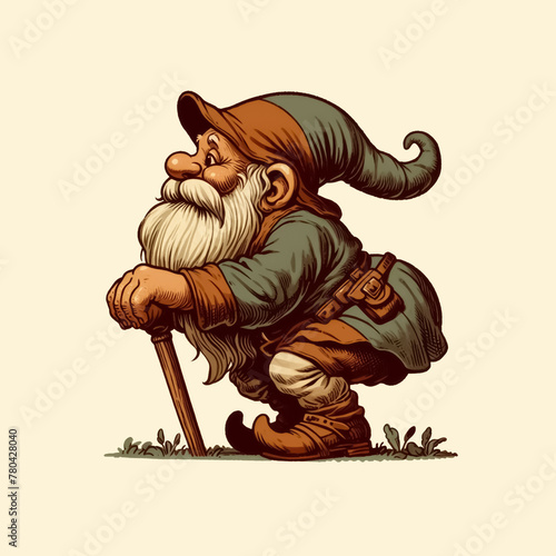 Vintage cartoon cnome  old bearded dwarf in a hat and medieval clothing  isolated on white