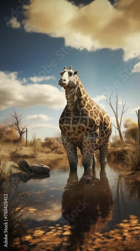 AI generated illustration of a fat giraffe in a pond