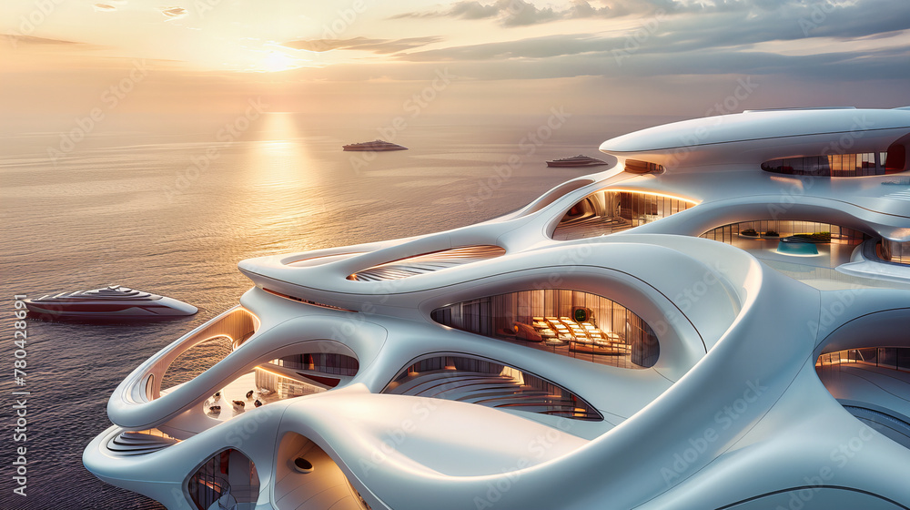 Fototapeta premium Sunset over Modern Architecture and Sea, Travel Destination with Urban Design, Skyline and Landscape