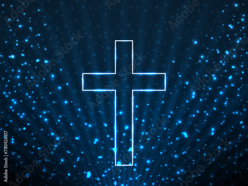 Glowing christian cross on background glitter particles and glowing rays. Religious symbol. Magic backdrop