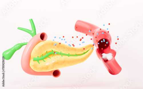 Quadro em tela Human pancreas, gall bladder organ model, pancreas secretes insulin, 3d rendering