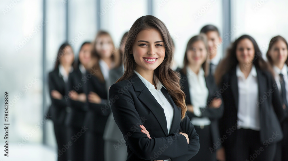A happy young businesswoman stands confidently in front of her team A happy young businesswoman stands confidently in front of her team