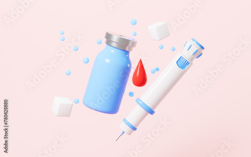 Cartoon insulin pen injection and blood glucose, 3d rendering.