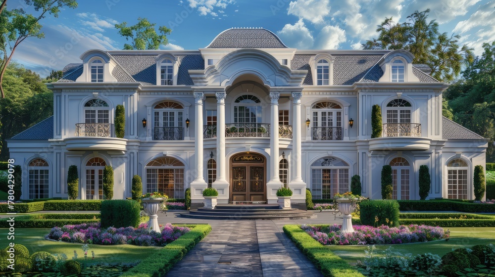 an opulent residence facade, boasting a vibrant lawn and a decorative pathway leading to a grand porch entrance, setting the stage for an extravagant lifestyle.