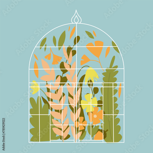 Illustration of a greenhouse with flower and leaves. Concept a backyard and gardening. Glass pavilion.
