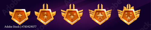 Gold game rank badge and level medal vector icon. Golden shield emblem with star. Royal win award ui frame set. Victory rating label element for insignia achievement in app. Premium metal wing sign