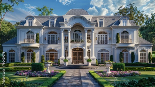 an opulent residence facade, boasting a vibrant lawn and a decorative pathway leading to a grand porch entrance, setting the stage for an extravagant lifestyle. © lililia