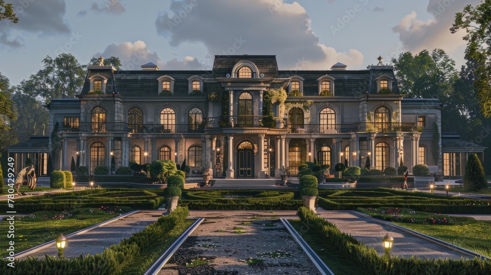 Fototapeta premium an opulent residence facade, boasting a vibrant lawn and a decorative pathway leading to a grand porch entrance, setting the stage for an extravagant lifestyle.