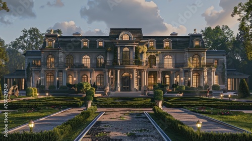 an opulent residence facade, boasting a vibrant lawn and a decorative pathway leading to a grand porch entrance, setting the stage for an extravagant lifestyle.