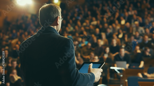 A person with a tablet performs in front of an audience in the auditorium photo
