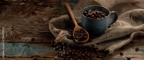 A cup of coffee and beans on the table with rustic background, with burlap cloth and wooden spoon for spilling coffee bean, top view, product photo for stock photography, high resolution