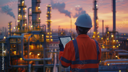 Back view of a professional engineer wearing helmet holding tablet and looking at oil petrochemical industrial plant © Yuwarin