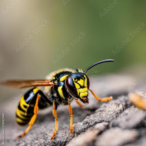 AI generated illustration of Large wasp insect foraging on a rock in the wilderness © Wirestock