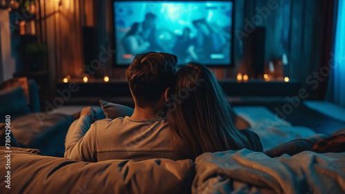 A young couple in love watching TV at home on the sofa in the dark