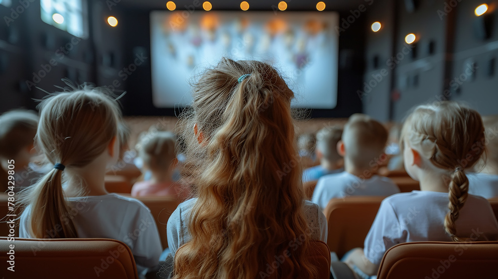 Children attentively watch a movie in the cinema, rear view Children attentively watch a movie in the cinema, rear view